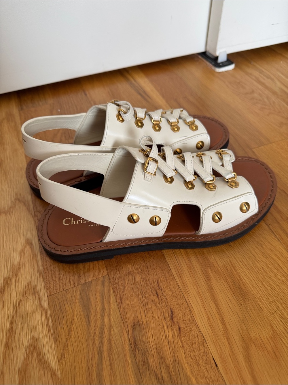 Dior White Leather Lace-Up Slingback Sandals with Gold Accents